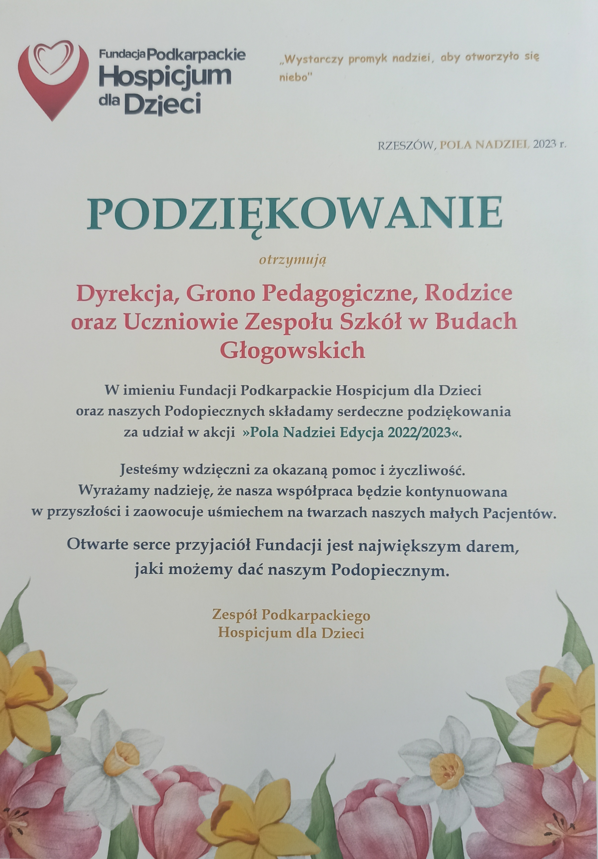 Podziękowanie z Hospicjum