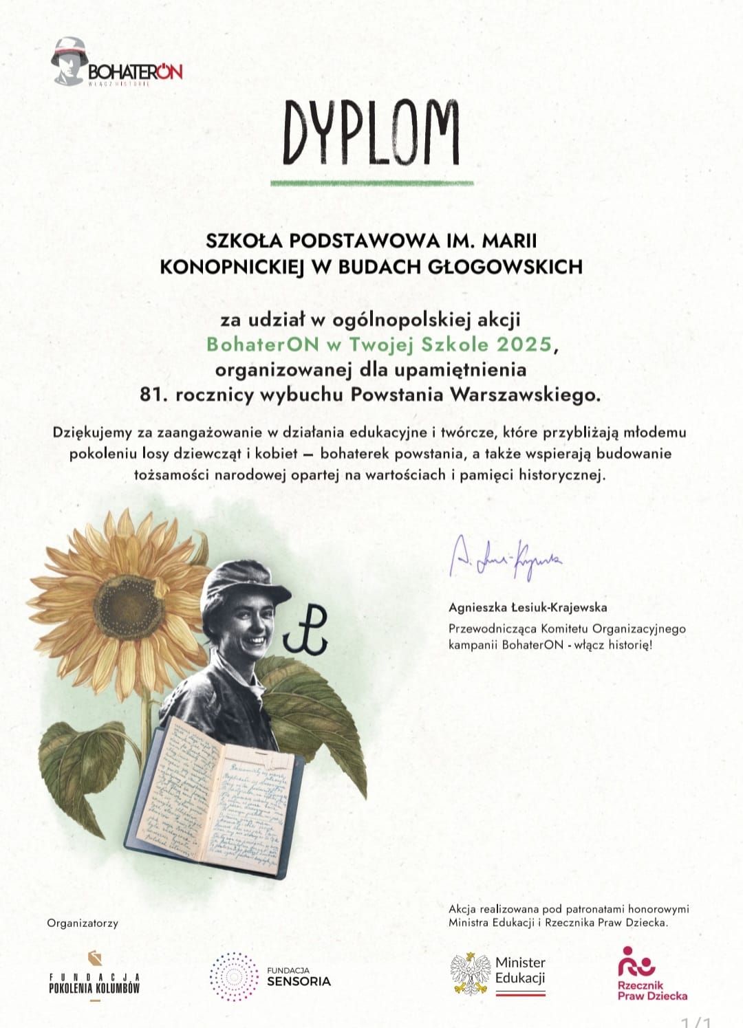 Podziękowanie za udział w akcji BohaterON 2025